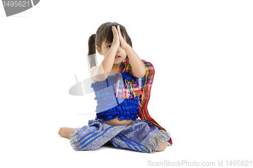 Image of cute kid with hand folded, isolated on white background