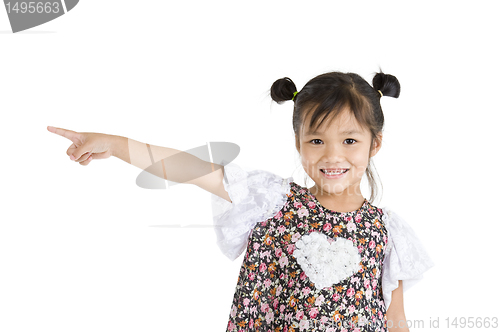 Image of smiling girl pointing to the side