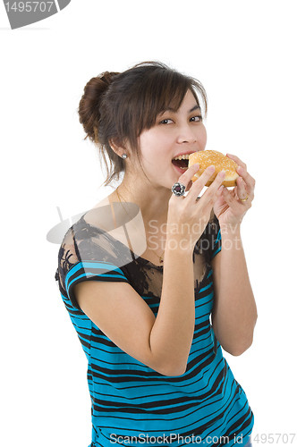 Image of young woman eating a hamburger