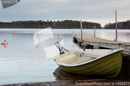 Image of The boat is on the shore of the lake.