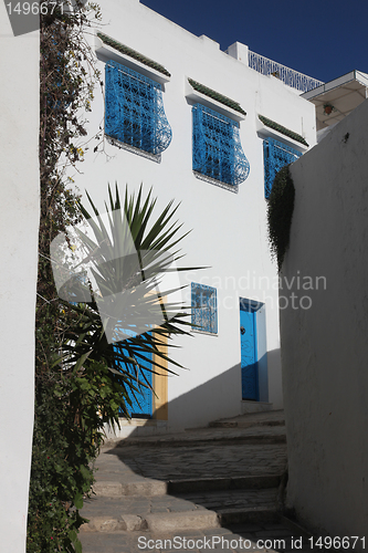 Image of Sidi Bou Said - typical building with white walls, blue doors and windows