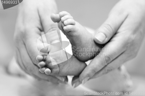 Image of Mother gentle touch - cute baby feet