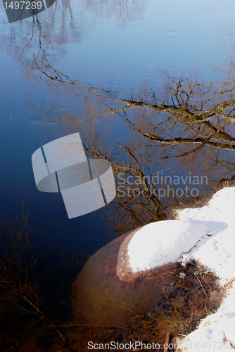 Image of Rock covered with snow and reflections 