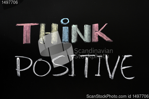 Image of Think positive - text written with chalk on blackboard