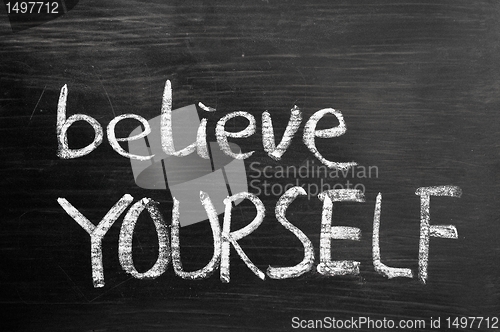 Image of Believe yourself text written on blackboard