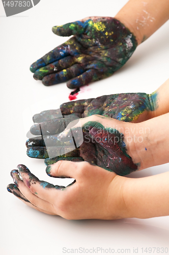 Image of Kids hands covered with paint 