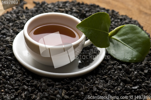 Image of A cup of green tea with freh leaves