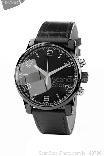 Image of front view of luxury watch, black leather and silver