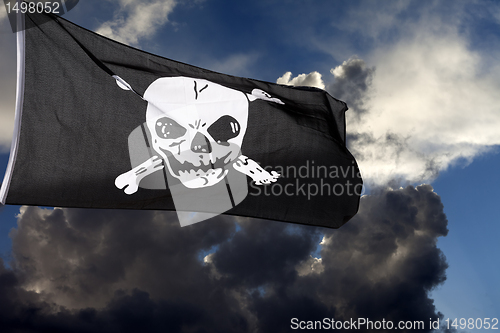 Image of Jolly Roger (pirate flag) against storm clouds