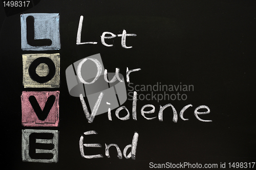 Image of LOVE acronym, on a blackboard with words written in chalk