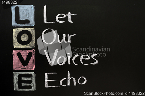 Image of LOVE acronym, Let our voices echo written in chalk