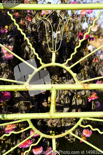 Image of Decorative rusty metal fence  fragment in garden.