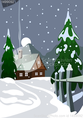 Image of Illustration of house in snow forest