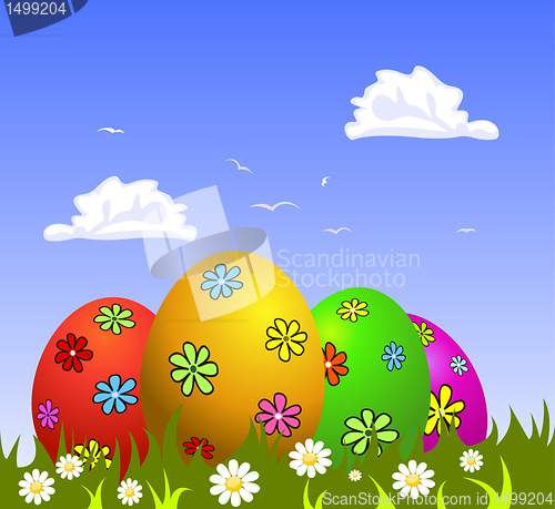 Image of Colorful Easter eggs on grass