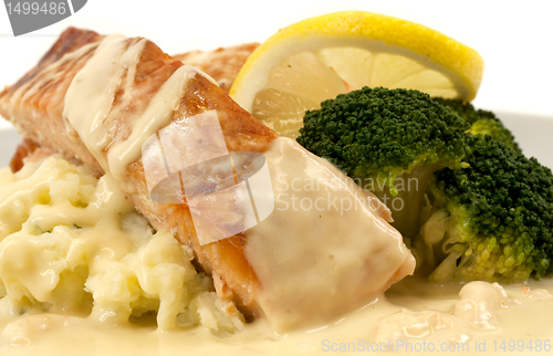Image of Salmon with mashed potatoes and cream shrimp sauce