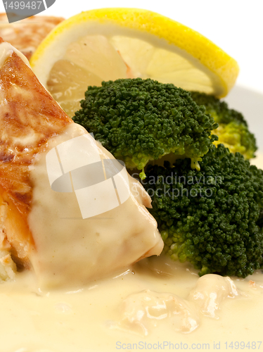 Image of Salmon with broccoli and creamed lemon shrimp sauce