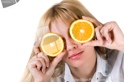Image of Portrait of the funny girl with oranges. Isolated on white
