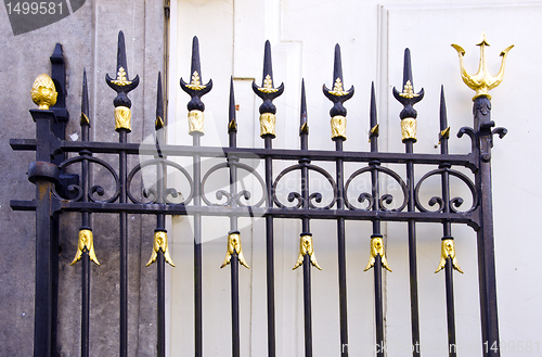 Image of Details of metal gold decorated gate fragment.