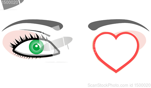 Image of Green eye with valentines love heart. Vector