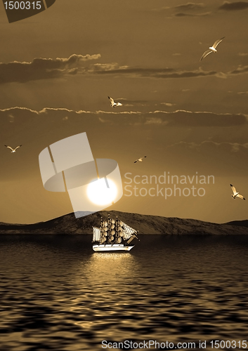 Image of Sailing vessel against the coming sun
