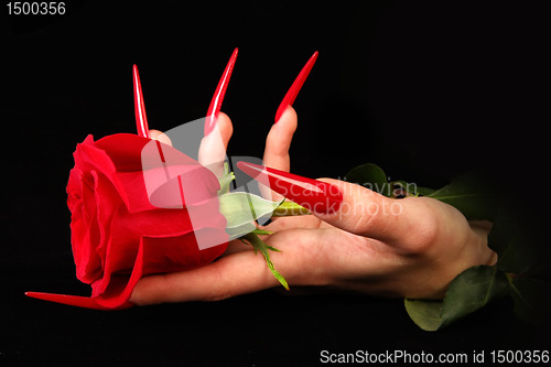 Image of Human fingers with long fingernail and beautiful manicure isolated on black