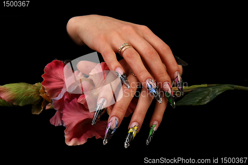 Image of Human fingers with long fingernail and beautiful manicure isolated on black