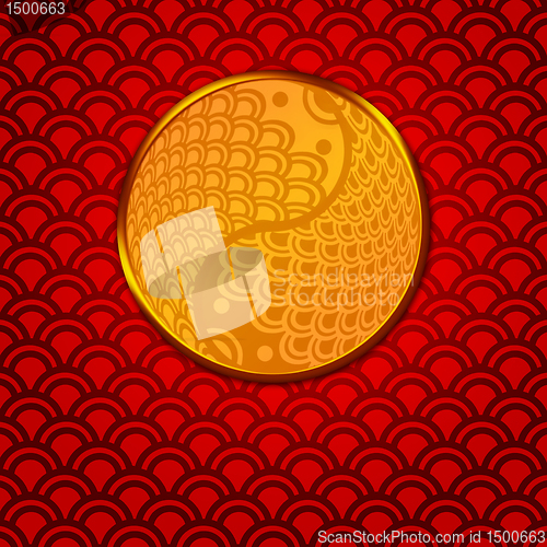 Image of Chinese Pair of Fish in Yin Yang Circle on Red Background