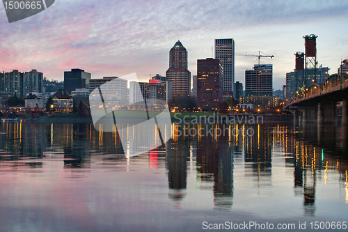 Image of Portland Oregon Downtown Waterfront Skyline at Sunset