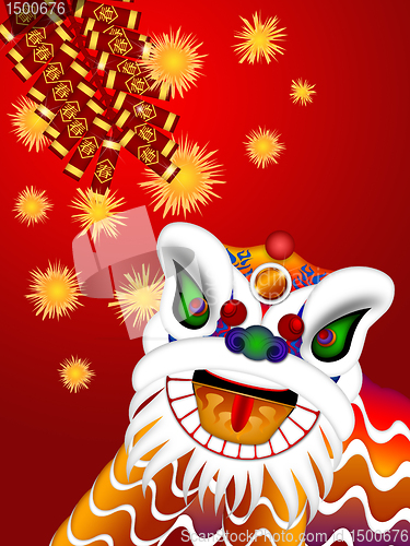 Image of Chinese Lion Dance Head with Firecrackers Illustration