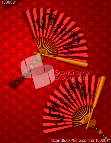 Image of Chinese New Year Dragon Fans on Scales Pattern Background