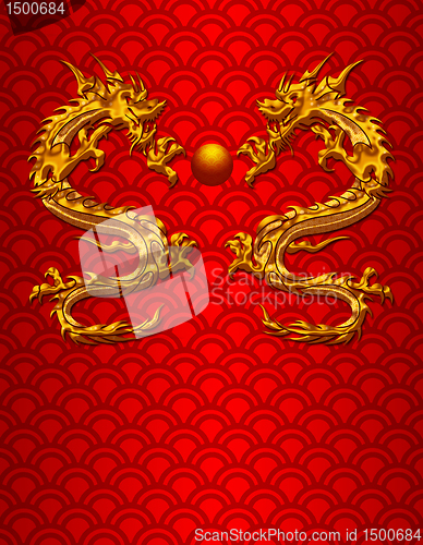 Image of Pair of Chinese Dragons on Scale Pattern Background