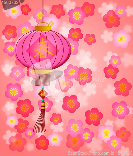 Image of Chinese New Year Lantern with Cherry Blossom Background