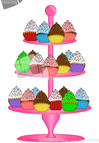 Image of Cupcakes on Three Tier Cake Stand Illustration