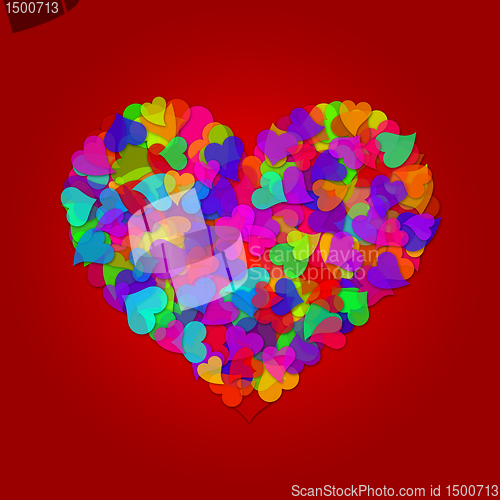 Image of Colorful Big Valentines Day Hearts on Red Background