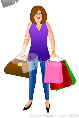 Image of Woman with Shopping Bags and Handbag Purse Illustration