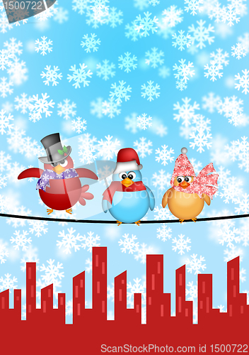 Image of Three Birds on a Wire with City Skyline Christmas Scene