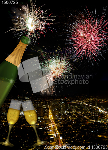 Image of Champagne Toast with San Francisco Skyline at Night