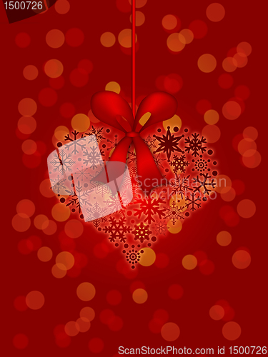 Image of Christmas Snowflakes Heart Shape Ornament on Red Background