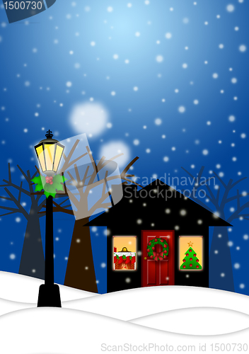 Image of House and Lamp Post in Winter Christmas Scene Illustration