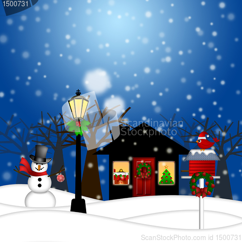 Image of House with Lamp Post  Snowman and Birdhouse Christmas Decoration