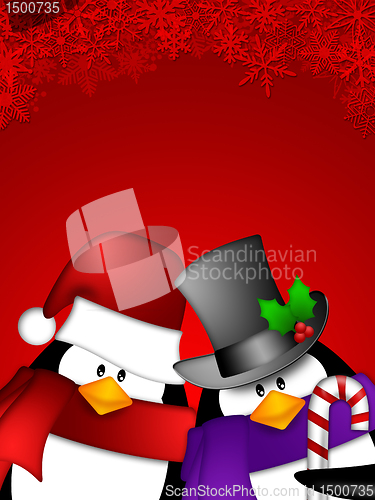 Image of Penguin Couple on Red Snowflakes Background