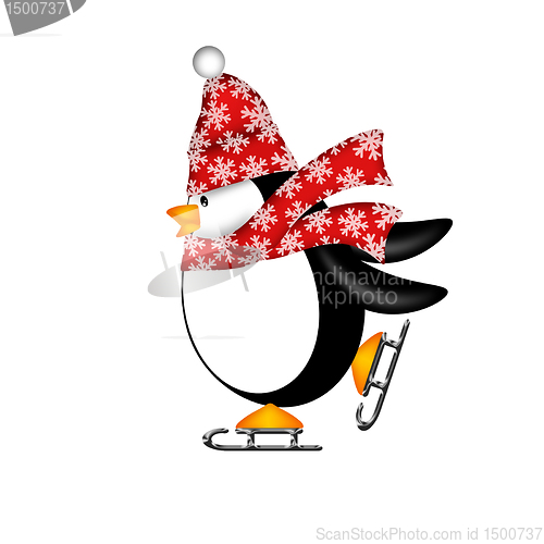 Image of Cute Penguin with Red Scarf on Ice Skates Illustration