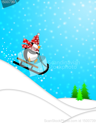 Image of Cute Penguin on Sled Downhill Illustration