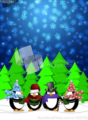 Image of Penguins Carolers Singing with Winter Snowing Scene Illustration