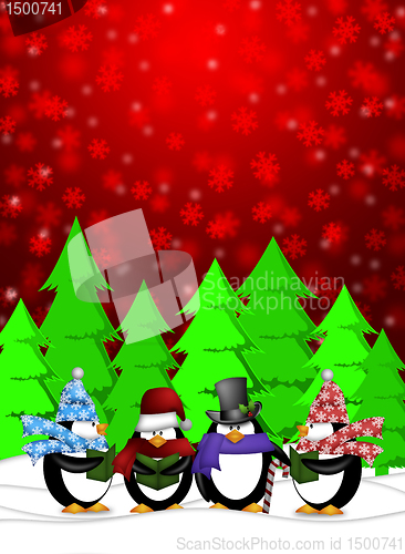 Image of Penguins Carolers Singing with Red Winter Scene Illustration