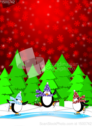 Image of Penguins in Ice Skating Rink Winter Snowing Scene Illustration