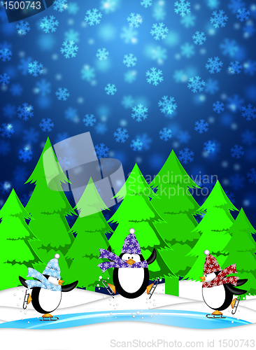 Image of Penguins in Ice Skating Rink Winter Snowing Scene Blue Illustrat