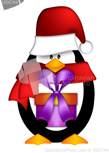 Image of Penguin with Santa Hat with Present Clipart