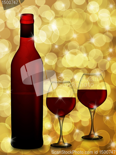 Image of Red Wine Bottle and Two Glasses  with Blurred Background Illustr