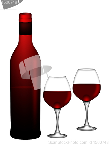 Image of Red Wine Bottle and Two Glasses on White Background Illustration